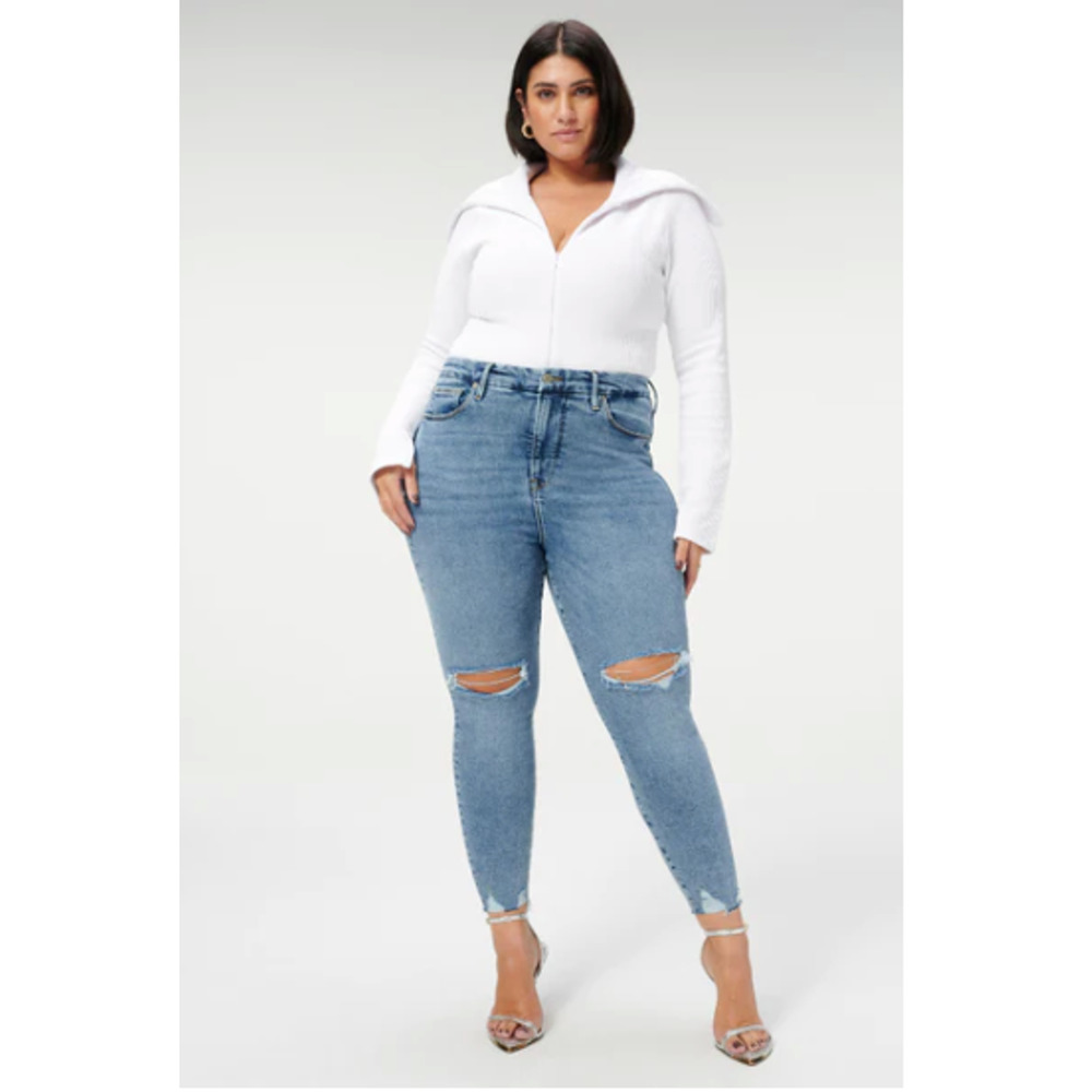 GOOD AMERICAN NWT Good Waist Crop Denim Jean in Blue799 // 14